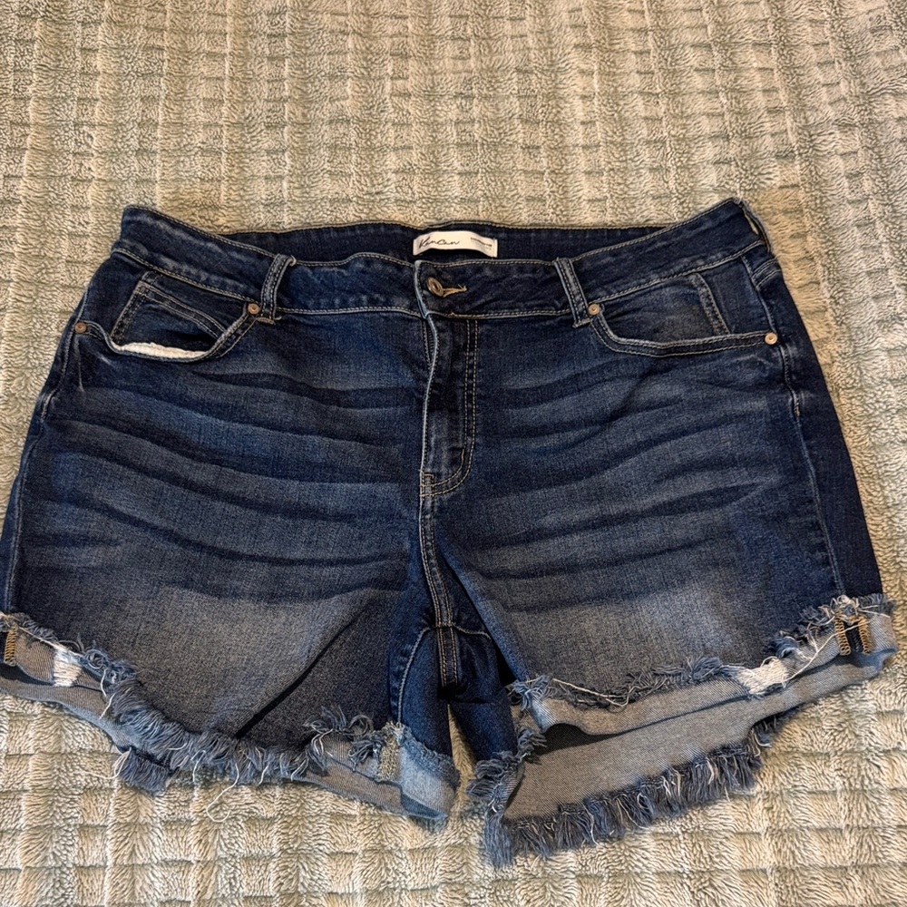 KanCan Dark Indigo Frayed Hem Women's Denim Shorts